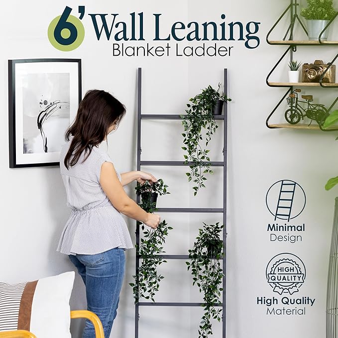 Blanket Ladder for The Living Room and Bedroom, 5ft 8 inch, 6-Tier Wall Leaning Laminate Snag Free Material (Black) Rustic Decorative Farmhouse Blanket Holder Rack, Quilt Rack Shelf, Easy Assembly