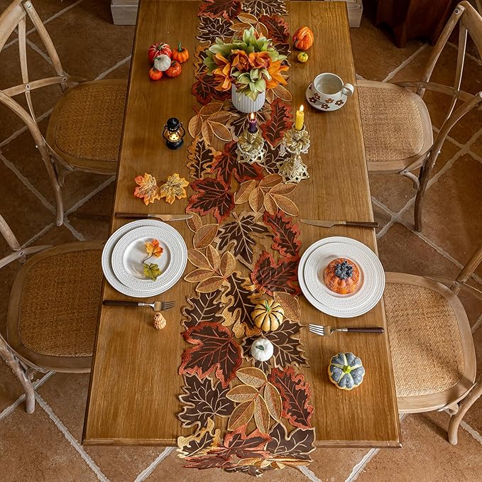Joyfol Day Fall Thanksgiving Table Runner 14 x 33 Inches, Cutwork Embroidered Brown Maple Leaves Table Runners, Autumn Rust Dresser Scarf for Harvest Party Dinner Seasonal Decoration