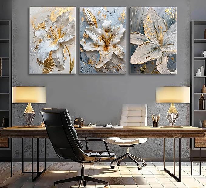 3Pcs Abstract Golden White Flower Canvas Wall Art Boho Gold Foil Blossom Oil Painting 2D Plane Textured Floral Wall Decor Nordic lily Posters Prints for Living Room Bedroom Office Pictures Framed