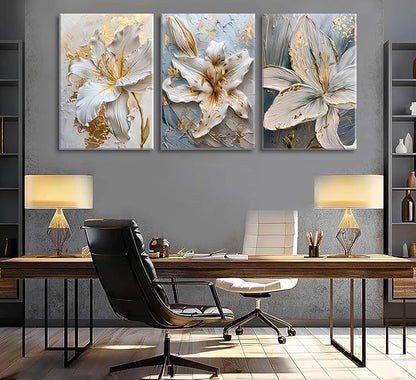 3Pcs Abstract Golden White Flower Canvas Wall Art Boho Gold Foil Blossom Oil Painting 2D Plane Textured Floral Wall Decor Nordic lily Posters Prints for Living Room Bedroom Office Pictures Framed
