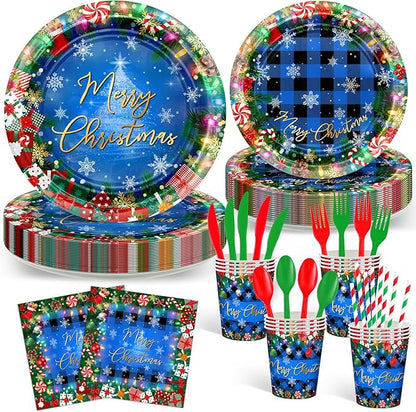 Avezano 192 Pcs Christmas Paper Plates and Napkins Merry Chirstmas Party Tableware Decorations Plaid Christmas Tree Disposable Dinnerware Set Serve 24 (Blue)