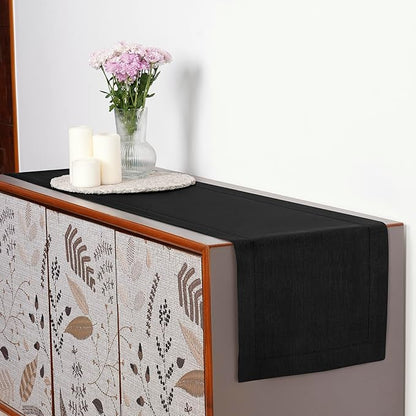 D'Moksha Homes Linen Black Table Runner 84 Inches Long - 100% Pure Linen Table Runner 14 x 84 Inch for Winter, Christmas, Holiday - Classic Hemstitch