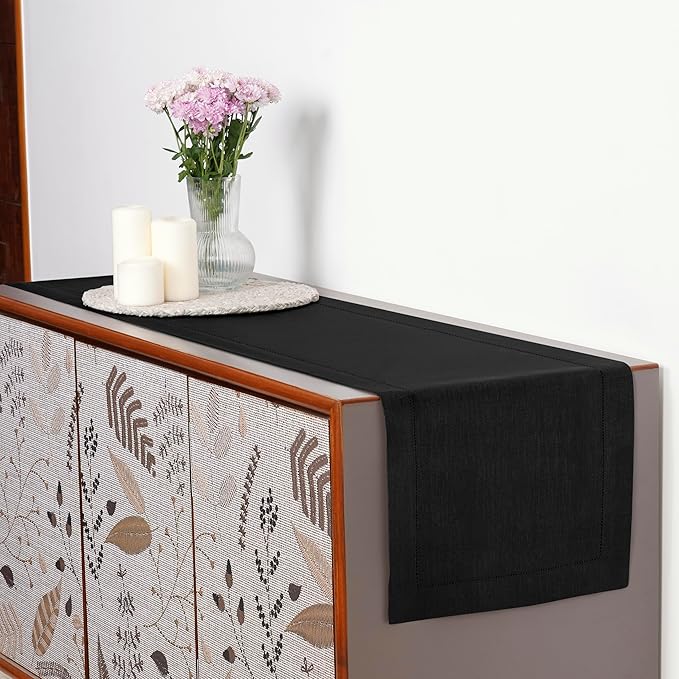 D'Moksha Homes Linen Black Table Runner 48 Inches - Classic Hemstitch, 100% Pure Linen Coffee Table Runner 14 x 48 Inch Ideal for Dresser Tables - Winter, Christmas, Holiday