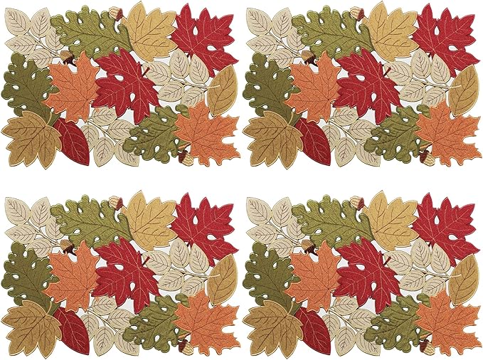 KEVA Fall Placemats Set of 4, 13inch x 19inch, Fall Decorations for Home Kitchen Dining Table, Thanksgiving Harvest Autumn Maple Leaves Embroidered Placemats