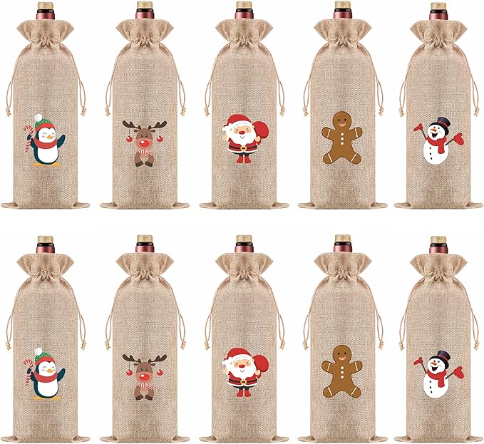 Homum 10 Pcs Christmas Premium Burlap Wine Bags and 10Pcs Gift Tags, Reusable Wine Bottle Gift Bags with Drawstrings for Christmas Party, Home Storage, 750mL