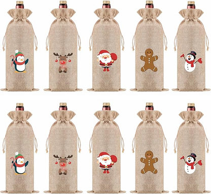 Homum 10 Pcs Christmas Premium Burlap Wine Bags and 10Pcs Gift Tags, Reusable Wine Bottle Gift Bags with Drawstrings for Christmas Party, Home Storage, 750mL