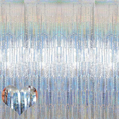 4 Pack Silver Fringe Curtain Backdrop, 3.2Ft x 8.2Ft Sparkle Metallic Tinsel Foil Fringe Streamers Background for Photo Booth Birthday Wedding Baby Shower Party Thanksgiving Christmas Decorations