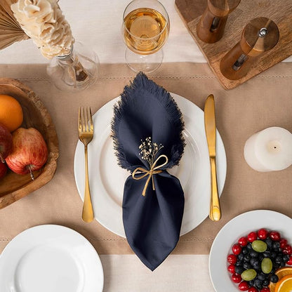 Blue Needles Handmade Cotton Linen Cloth Napkins with Fringes - Set of 6 Navy Blue Dinner Table Napkins 18x18 Inch Hemmed Edges Washable, Soft, Reusable, Perfect for Fall Thanksgiving & Family Dinner