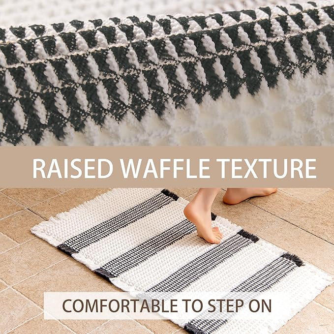 Waffle Bath Mat Non Slip, Boho Bathroom Rug, Super Absorbent Quick Dry Bathroom Mat, Soft Farmhouse Bath Rug with Tassels, Small Washable Shower Mats for Floor 20"x32", White and Black