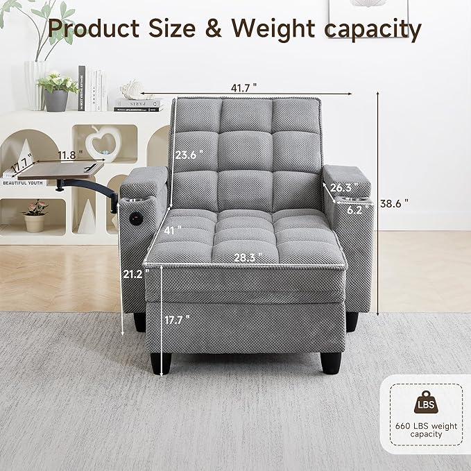 41.7" Oversized Chaise Lounge Chair Indoor, Boucle Upholstered Sofa Bed with Adjustable Backrest, Deep Seat Reading Chair, Sofas Couches for Living Room, Storage, Cup Holders & 360° Swivel Side Table