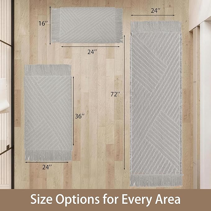 Waffle Bath Mat Non Slip, Boho Bathroom Rug, Super Absorbent Quick Dry Bathroom Mat, Soft Farmhouse Bath Rug with Tassels, Small Washable Shower Mats for Floor 24"x36", Tassels Light Grey