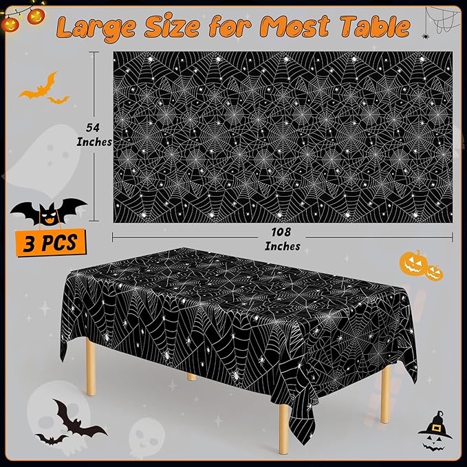 QZYL 3 PCS Halloween Table Cloths, 54" x 108" Spider Web Table Cloth, Black Disposable Tablecloth Plastic Tablecover, Spider Webs Halloween Decorations Party Supplies Tableware Decor