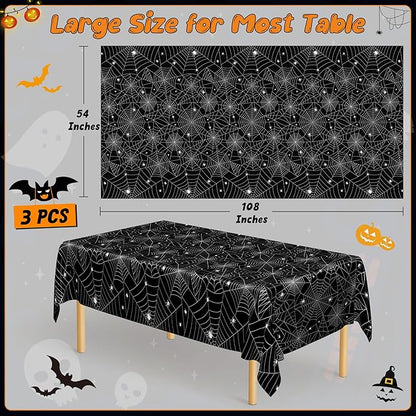 QZYL 3 PCS Halloween Table Cloths, 54" x 108" Spider Web Table Cloth, Black Disposable Tablecloth Plastic Tablecover, Spider Webs Halloween Decorations Party Supplies Tableware Decor