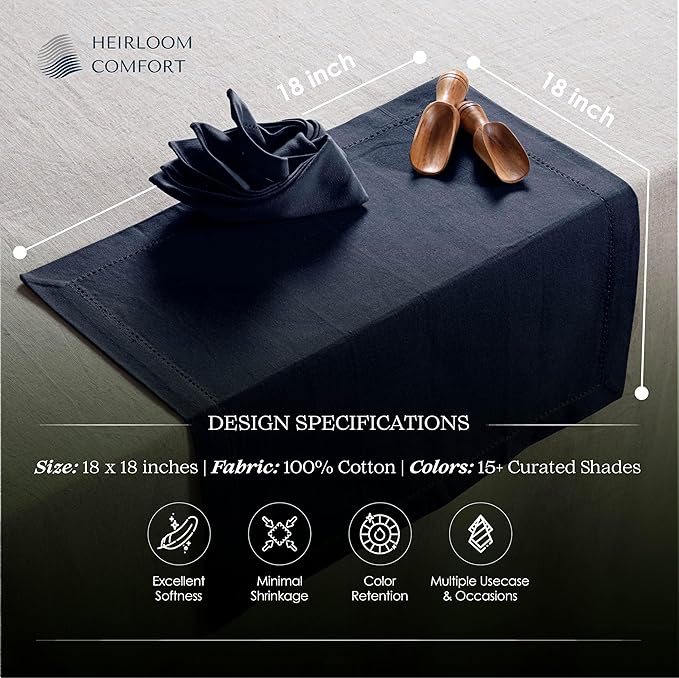 Navy Blue Cloth Napkins Set of 6, 18 x 18 Inch - 100% Cotton, Reusable, Soft, Absorbent, Washable - Elegant Hemstitch Mitered Edges - Ideal for Weddings, Dinner, Holiday Gatherings