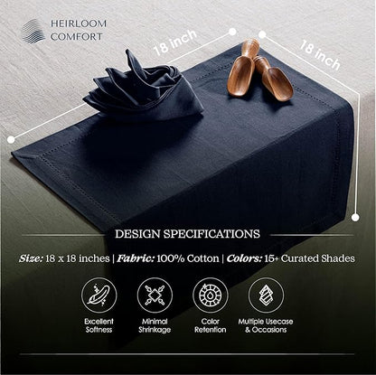 Navy Blue Cloth Napkins Set of 6, 18 x 18 Inch - 100% Cotton, Reusable, Soft, Absorbent, Washable - Elegant Hemstitch Mitered Edges - Ideal for Weddings, Dinner, Holiday Gatherings