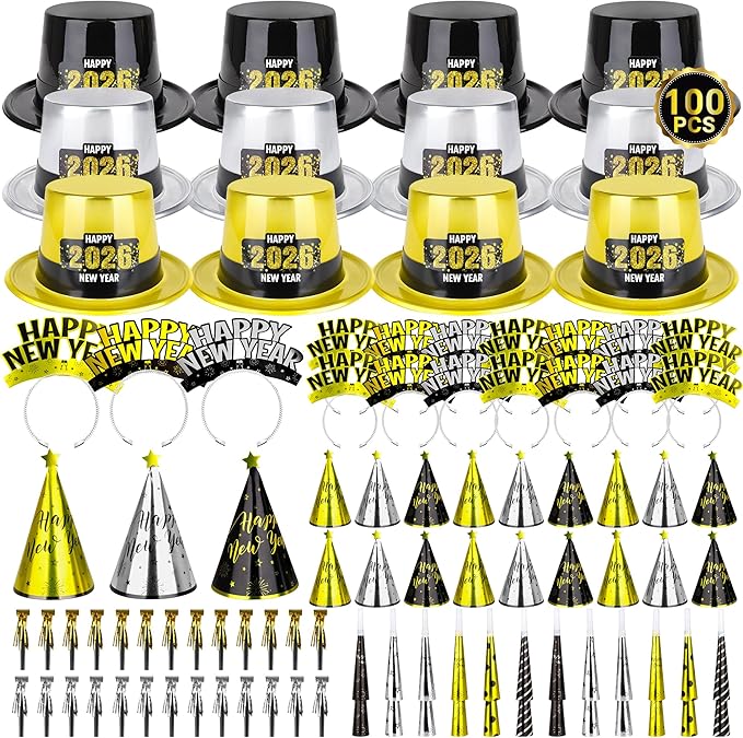 100PCS New Year's Party Supplies for 50 People - Headbands, Plastic Cardboard, 2026 Shiny Cone Hats, Horns, Fringed Blowouts - Gold, Silver, Black