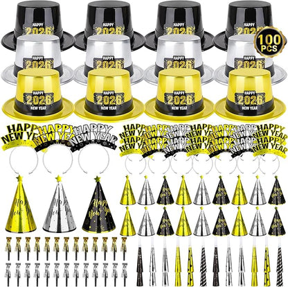 100PCS New Year's Party Supplies for 50 People - Headbands, Plastic Cardboard, 2026 Shiny Cone Hats, Horns, Fringed Blowouts - Gold, Silver, Black