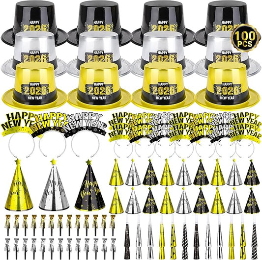 100PCS New Year's Party Supplies for 50 People - Headbands, Plastic Cardboard, 2026 Shiny Cone Hats, Horns, Fringed Blowouts - Gold, Silver, Black