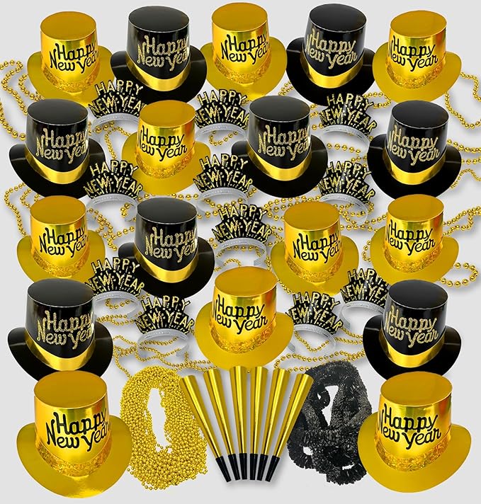 Crown Display New Years Party Favors 2026 200 Person Black & Gold Top Hats Tiaras Horns Noise Makers New Year Eve Hats Happy New Year Hats Decorations 2026 New Years Eve Party Favors