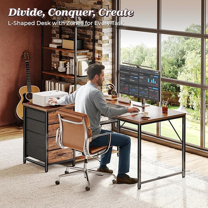 PRAISUN 43.3" Small Computer Desk with Power Outlets and USB-C Port, Reversible L Shaped Corner Office Desk with 4 Fabric Drawers and 2 Height-Adjustable Shelves, for Gaming Writing, Rustic Brown