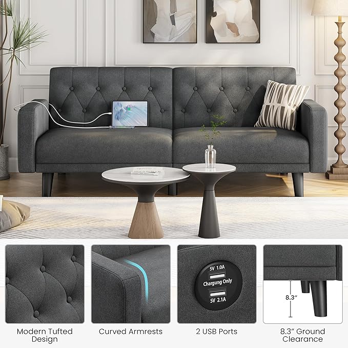 Yaheetech 63" Convertible Couch Small Futon Sofa Bed with 2 USB Ports, Reclining Backrest & Removable Armrests, Mid Century Modern Loveseat for Living Room, Apartment, Office, Dark Gray