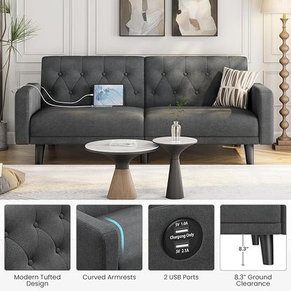 Yaheetech 63" Convertible Couch Small Futon Sofa Bed with 2 USB Ports, Reclining Backrest & Removable Armrests, Mid Century Modern Loveseat for Living Room, Apartment, Office, Dark Gray