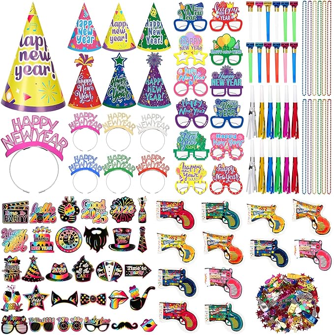 2026 New Years Eve Party Supplies Kit - 102 Pieces Colorful New Years Party Favors Set with Headbands, Hats, Photo Props, Noise Makers, Confetti & More for Happy New Year Decorations