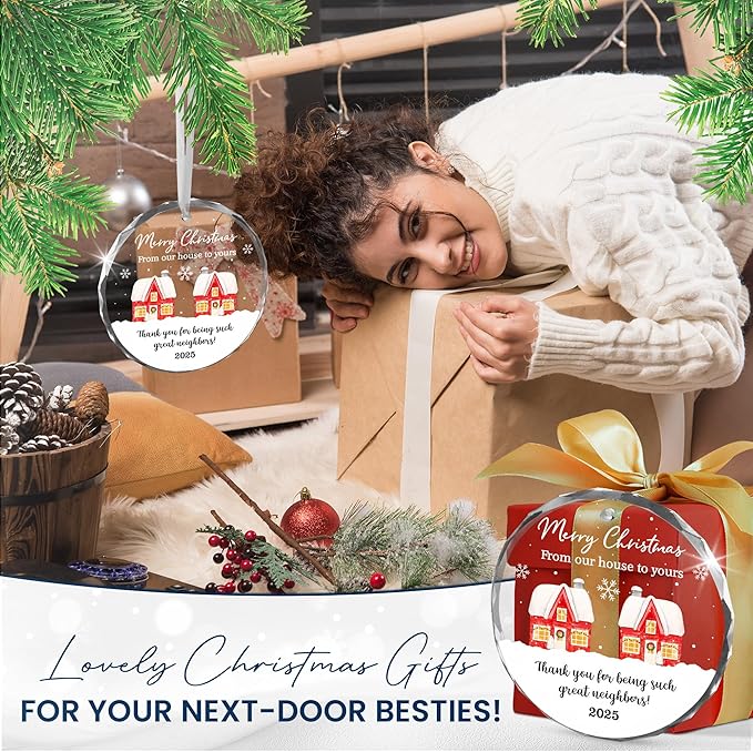Neighbor Christmas Ornaments 2025 - Christmas Tree Decorations Glass Ornaments 2025 - Friend Gifts for Neighbors, Ornaments for Neighbors Friends Bestie Friendship, Awesome Best Neighbor Gifts