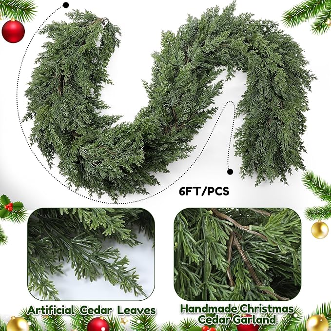 Jutom 1 Pcs 6 ft Thick Christmas Cedar Garland Artificial Realistic Soft and Flexible Full Faux Green Cedar Pine Garland for Home Indoor Xmas Holiday Mantle Fireplace Party Decoration