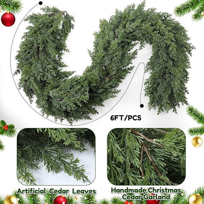 Jutom 1 Pcs 6 ft Thick Christmas Cedar Garland Artificial Realistic Soft and Flexible Full Faux Green Cedar Pine Garland for Home Indoor Xmas Holiday Mantle Fireplace Party Decoration