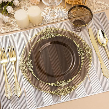 350PCS Clear Black Plastic Plates for 50 Guests, Disposable Plates with Gold Trim include 50 Dinner and Dessert Plates, 150 Gold Silverware, 50 Cups, 50 Napkins for Party & Graduation