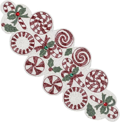 CLEENTABLE Handcrafted Christmas Beaded Table Runner – 36"x13" Art Deco Home Decor & Luxury Dinner Table Centerpiece in Vibrant Cherry Reddish with 85% Glass Beads, Durable Polyester Backing