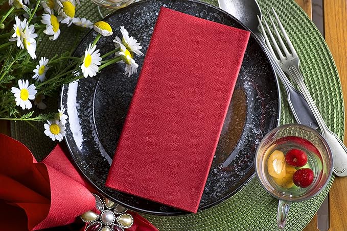 Red Paper Napkins | Linen Feel Guest Disposable Cloth Like Dinner Napkins | Hand Towels | Soft, Absorbent, Paper Hand Napkins for Kitchen, Bathroom, Parties, Weddings, Dinners | 50 Pack