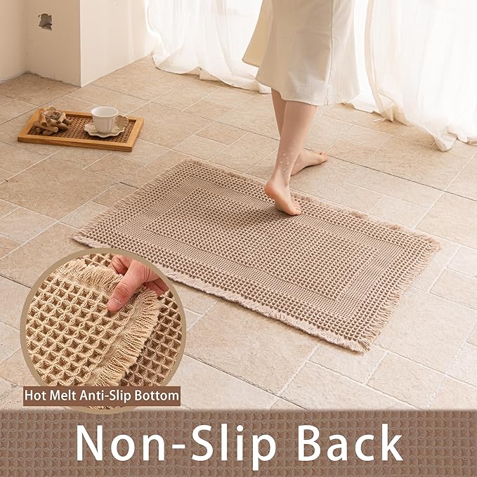 Waffle Bath Mat Non Slip, Boho Bathroom Rug, Super Absorbent Quick Dry Bathroom Mat, Soft Farmhouse Bath Rug with Tassels, Small Washable Shower Mats for Floor 24"x36", Square Brown