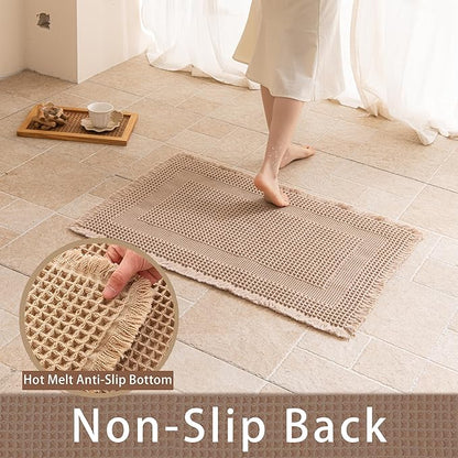 Waffle Bath Mat Non Slip, Boho Bathroom Rug, Super Absorbent Quick Dry Bathroom Mat, Soft Farmhouse Bath Rug with Tassels, Small Washable Shower Mats for Floor 20"x32", Square Brown