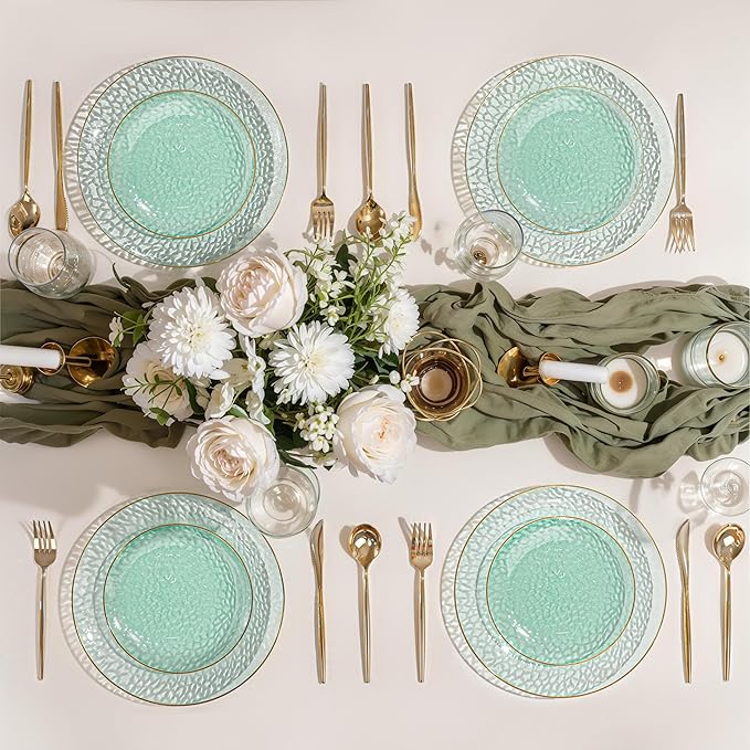 SUT 36Pcs Green Plastic Plates, Hammered Plates Disposable Heavy Duty, Green Disposable Plates With Gold Rim, Fancy Plastic plates Include 18 Dinner and 18 Dessert plates for Wedding