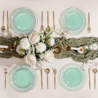 SUT 36Pcs Green Plastic Plates, Hammered Plates Disposable Heavy Duty, Green Disposable Plates With Gold Rim, Fancy Plastic plates Include 18 Dinner and 18 Dessert plates for Wedding