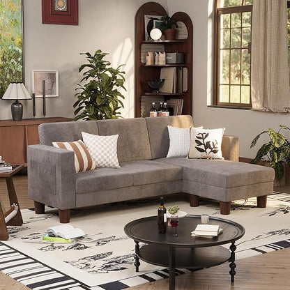 VICTONE Convertible Sectional Sofa Couch, 3 Seat L-Shaped Sofa with Linen Fabric Ottoman Small Couch for Small Apartments, Living Room and Office (Corduroy, Gray)
