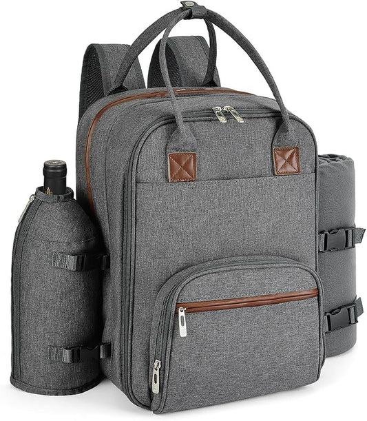 ALLCAMP Picnic Backpack - Insulated Cooler Bag with Compartment, Detachable Wine Glass Holder, Throw Blanket & Cutlery Set, 2 Person Picnic Set for Family Outings, Couple Gifts (Gray)