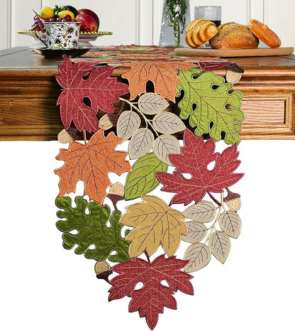 KEVA Fall Table Runner 108inches Long, Thanksgiving Harvest Cutwork Embroidered Table Runner 13in x 108in, Autumn Maple Leaves Table Decoration for Home Dining Kitchen Table