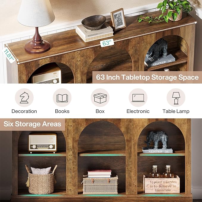 Tribesigns Farmhouse Console Table, 63-Inch Long Entryway Table with 3 Tier Storage, Wooden Rectangular Sofa Table Behind The Couch for Entrance, Hallway, Living Room, Brown | Entryway Table, 3 Tier Storage, Rectangular, Sofa Table, Behind The Couch, E...
