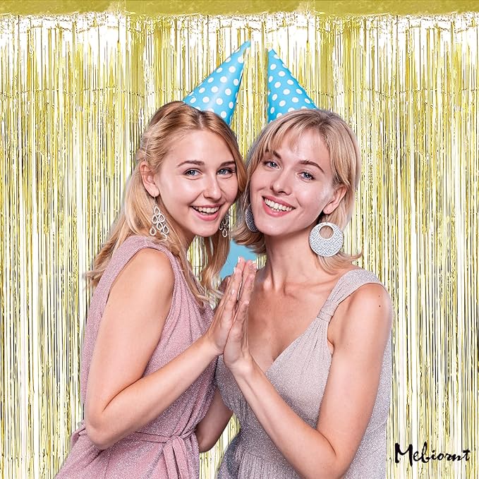 4 Pack Light Gold Fringe Curtain Backdrop, 3.2Ft x 8.2Ft Metallic Tinsel Foil Fringe Streamers Background for Photo Booth Birthday Wedding Baby Shower Carnival Easter Mother’s Day Party Decorations