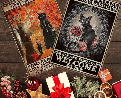 PAIION Black Witch Cat Sign Once Upon A Time There was A Girl Who Really Loved Cats Halloween Vintage Metal Signs Bathroom Bedroom Wall Decoration Man Cave 8x12 inches