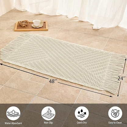 Waffle Bath Mat Non Slip, Boho Runner Rug, Super Absorbent Quick Dry Long Bath Runner Bathroom, Soft Farmhouse Bath Rug with Tassels, Washable Shower Mats for Floor 24"x48", Tassels Cream