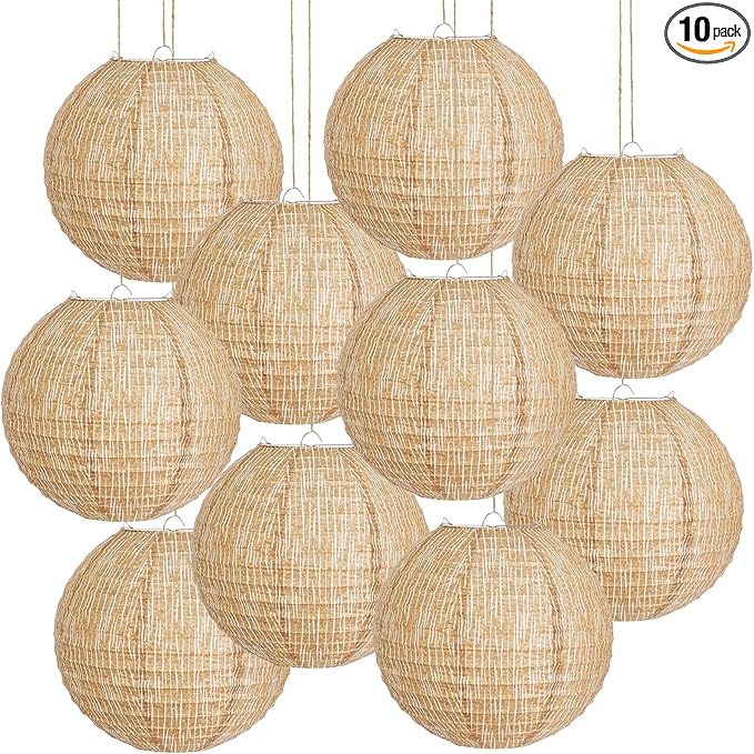 10Pcs 10" Boho Fall Party Decorations, Hanging Round Print Burlap Paper Lanterns for Office Ceiling Home Patio Neutral Baby Bridal Shower Wedding Rustic Boho Classroom Decor (10inch)