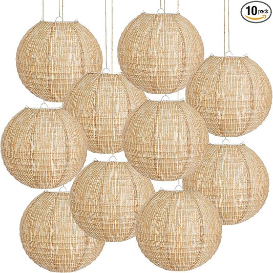 10Pcs 10" Boho Fall Party Decorations, Hanging Round Print Burlap Paper Lanterns for Office Ceiling Home Patio Neutral Baby Bridal Shower Wedding Rustic Boho Classroom Decor (10inch)
