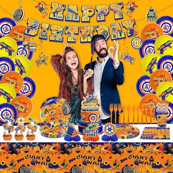 188PCS Dart War Party Supplies Birthday Decorations Dart Battle Disposable Plates Napkins Set, Banner, Hanging Swirls, Tablecloth, Cake Topper, Balloon, Honeycomb Centerpieces Table Decorations
