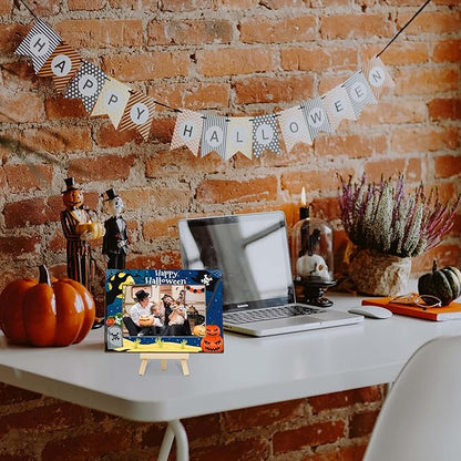 Halloween Picture Frame, 4×6 Pumpkin Wooden Photo Frame for Home Decor Tabletop Display, Spooky Sea Gifts for Family Friends - A04