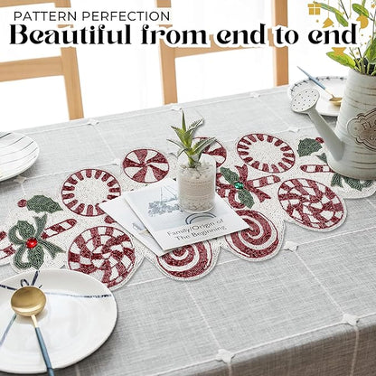 CLEENTABLE Handcrafted Christmas Beaded Table Runner – 36"x13" Art Deco Home Decor & Luxury Dinner Table Centerpiece in Vibrant Cherry Reddish with 85% Glass Beads, Durable Polyester Backing