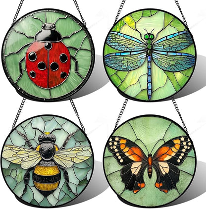 Stained Glass Window Hanging 4 Pcs Set Butterfly Dragonfly Bee Ladybug Large 11.8" - Suncatcher Door Garden Sun Catcher Decor Birthday Mother's Day for Mom Woman Nana Men